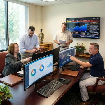 Professional financial advisors reviewing diversified investment portfolios with analytical charts