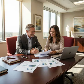 High-net-worth individual reviewing charitable trust portfolio with financial advisor