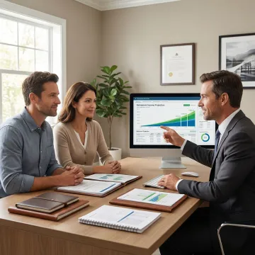 Financial advisor presenting comprehensive retirement strategy on digital screen to attentive clients