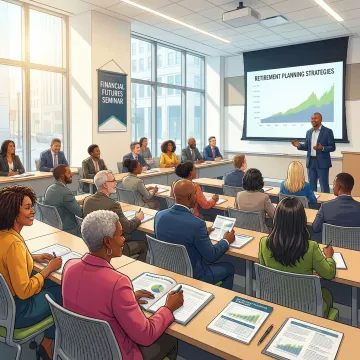 University classroom with financial planning course materials and attendees taking notes