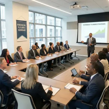 Diverse group of adults attending a retirement planning seminar in a professional classroom setting