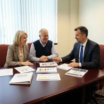 Financial advisor discussing retirement planning strategy with mature couple reviewing documents