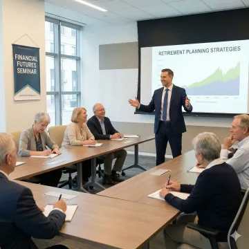 Financial advisor presenting retirement strategies to attentive seminar attendees