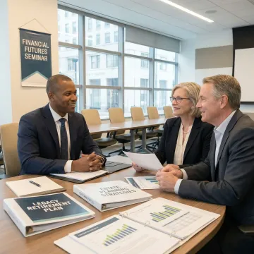 Senior couple reviewing legacy retirement planning documents with financial advisor
