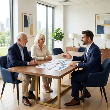Financial advisor explaining estate planning documents to a couple in a modern office
