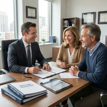 Financial advisor consulting with clients on retirement and estate planning strategies