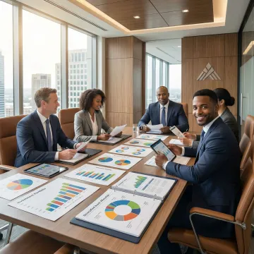 Professional financial advisors reviewing comprehensive asset management portfolio with clients