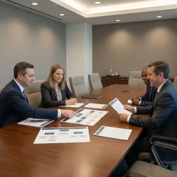 Estate planning team reviewing trust documents and financial portfolios with clients