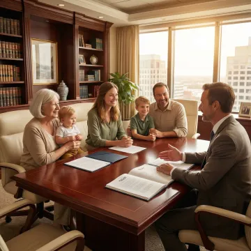 Family discussing estate planning documents with financial advisor