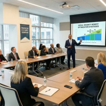 Financial advisor explaining Social Security benefits on a whiteboard to workshop attendees