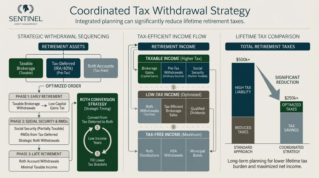 Coordinated tax withdrawal strategy reducing retirement taxes by 40 percent