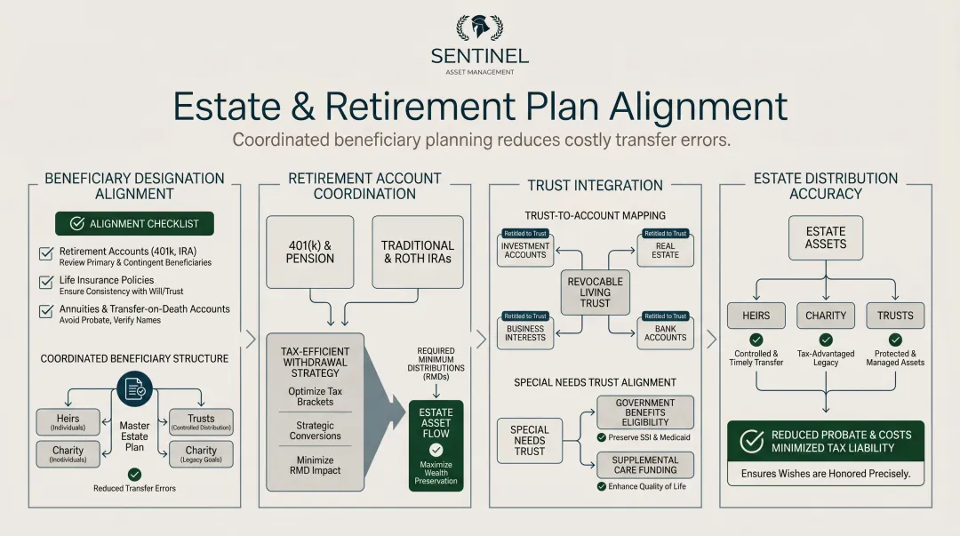 Estate and retirement plan alignment checklist showing beneficiary coordination failure rates