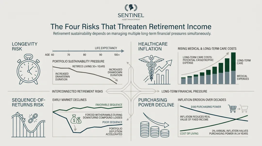 Four major retirement income risks longevity healthcare sequence-of-returns inflation comparison