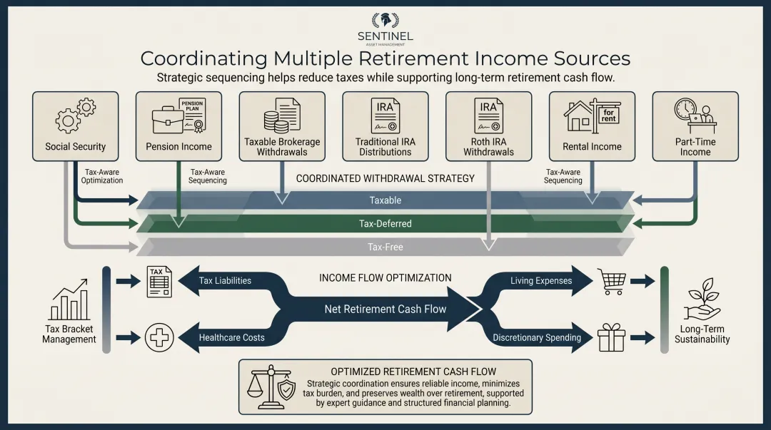 Coordinated retirement income sources withdrawal sequencing strategy across account types flow