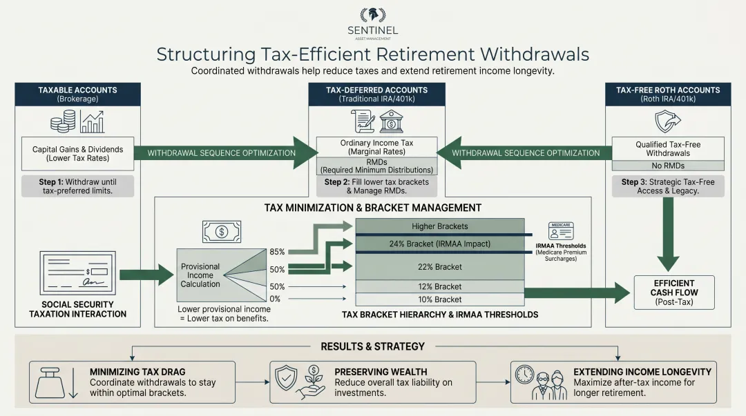 Tax-efficient retirement withdrawal strategy across taxable tax-deferred tax-free accounts comparison