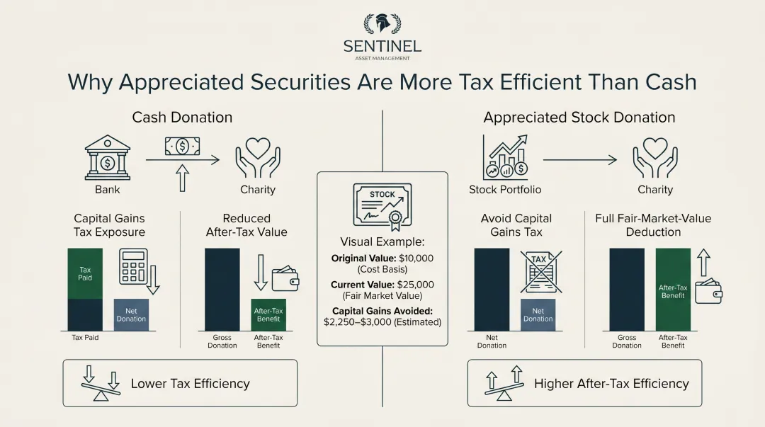 Cash versus appreciated stock donation tax savings side-by-side comparison