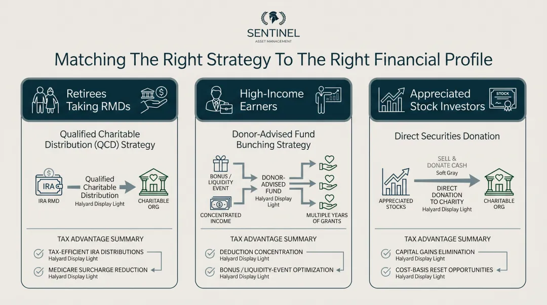 Three charitable giving strategy profiles matched to investor age income and portfolio type