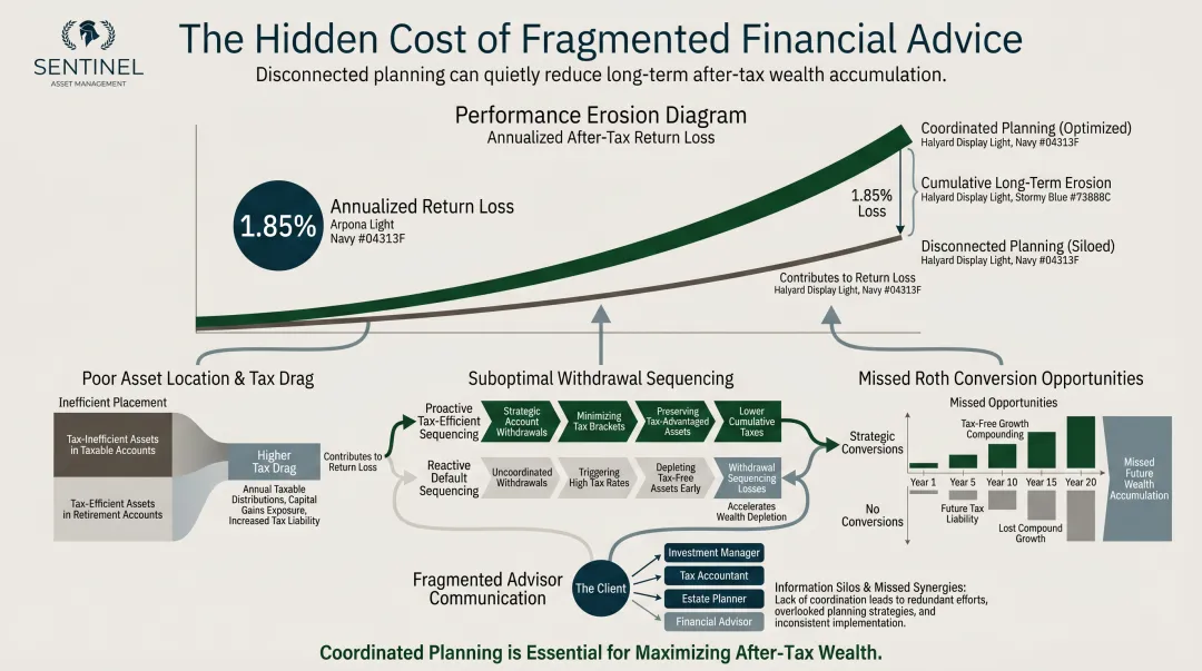 Cost of siloed financial planning showing 185 basis points lost in annualized returns