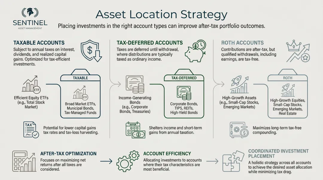 Asset location strategy matching investment types to taxable tax-deferred and Roth accounts