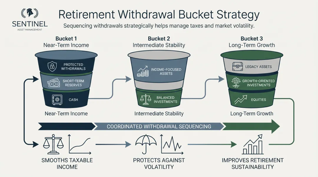 Three-bucket retirement withdrawal sequencing strategy for tax-efficient income distribution