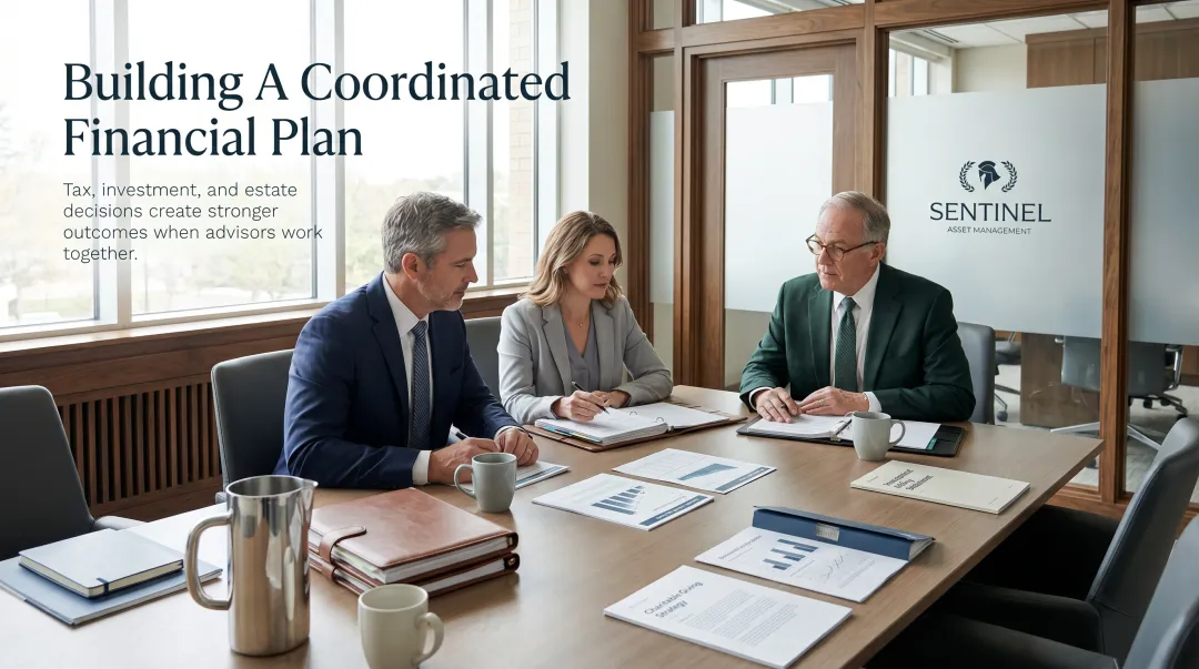 Financial advisor CPA and estate attorney collaborating around table reviewing coordinated client plan