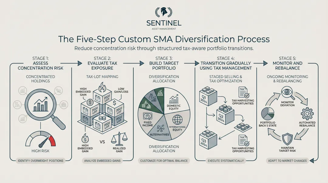 5-step custom SMA portfolio diversification process flow from assessment to monitoring