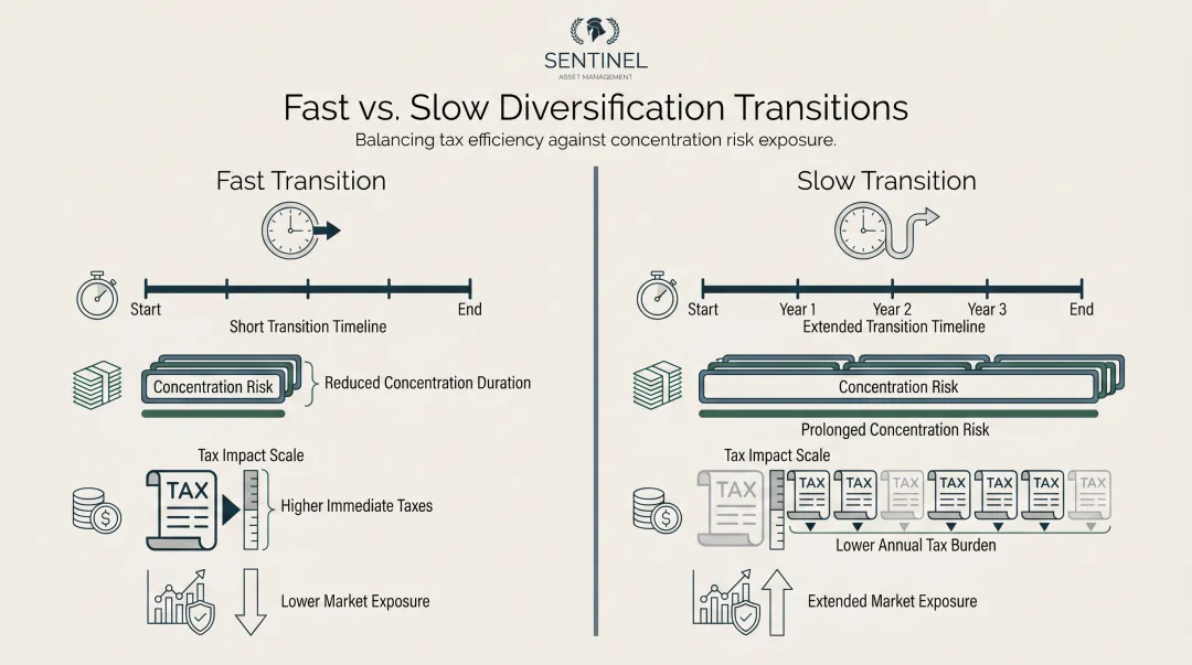 fast versus slow portfolio transition pace tradeoffs comparison infographic for concentrated positions