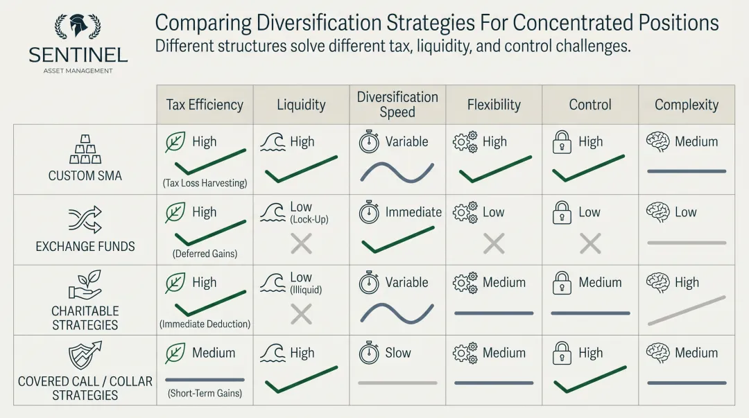 concentrated position diversification alternatives comparison chart SMA exchange funds charitable strategies collars