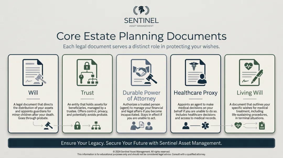 Five core estate planning documents overview infographic with icons