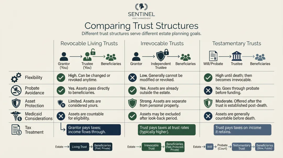 Revocable versus irrevocable versus testamentary trust comparison chart