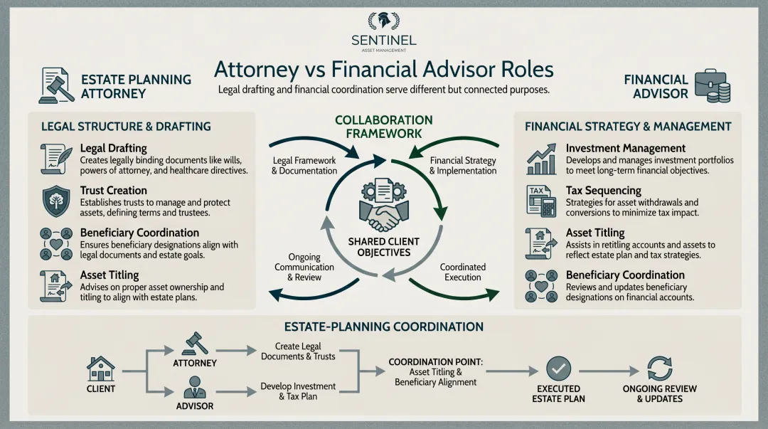 Attorney versus financial advisor estate planning responsibilities side-by-side comparison