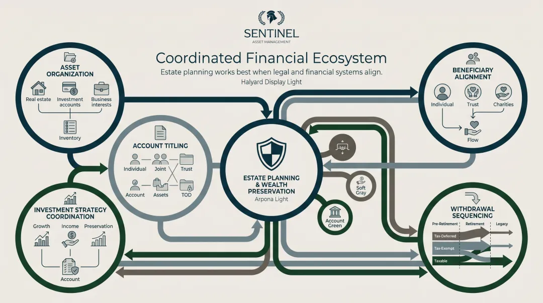 Five-component coordinated financial ecosystem for estate planning alignment