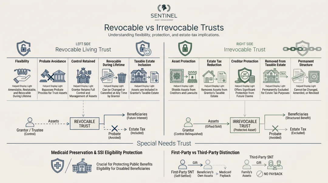 Revocable versus irrevocable trust comparison infographic with key differences