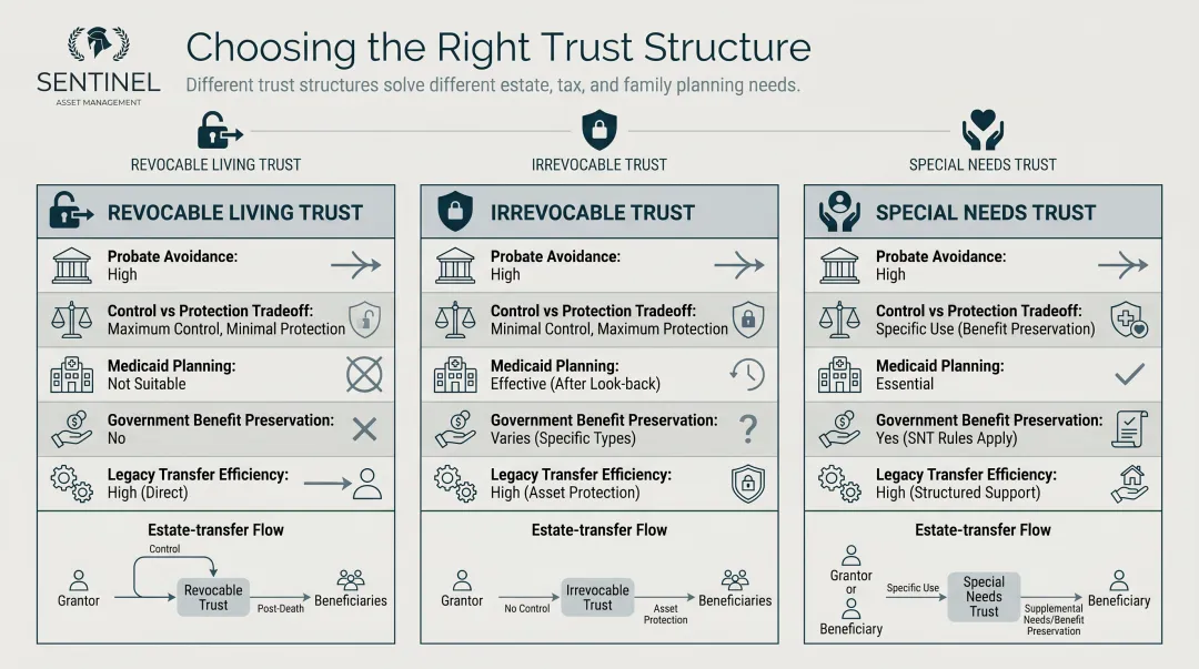 Three retirement trust types comparison revocable irrevocable and special needs trusts