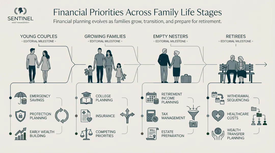Four family life stages financial planning priorities from young couples to retirees
