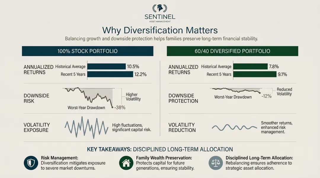 100 percent stocks versus 60/40 portfolio annual return and worst year comparison