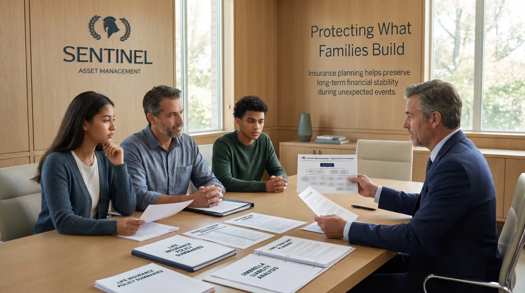 Family reviewing life insurance and coverage documents with financial advisor at desk