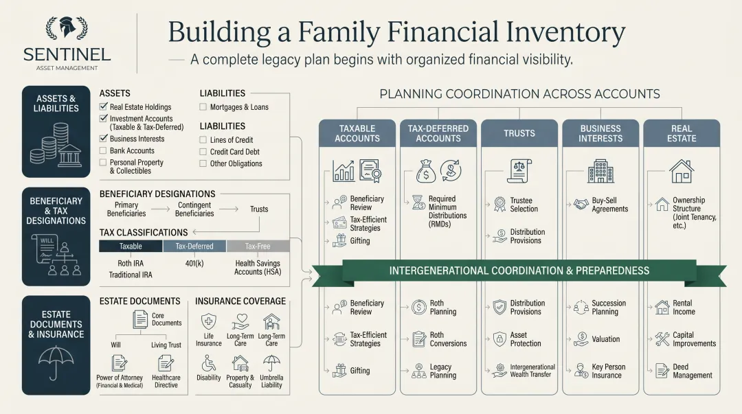 family legacy financial inventory checklist four-category planning framework infographic