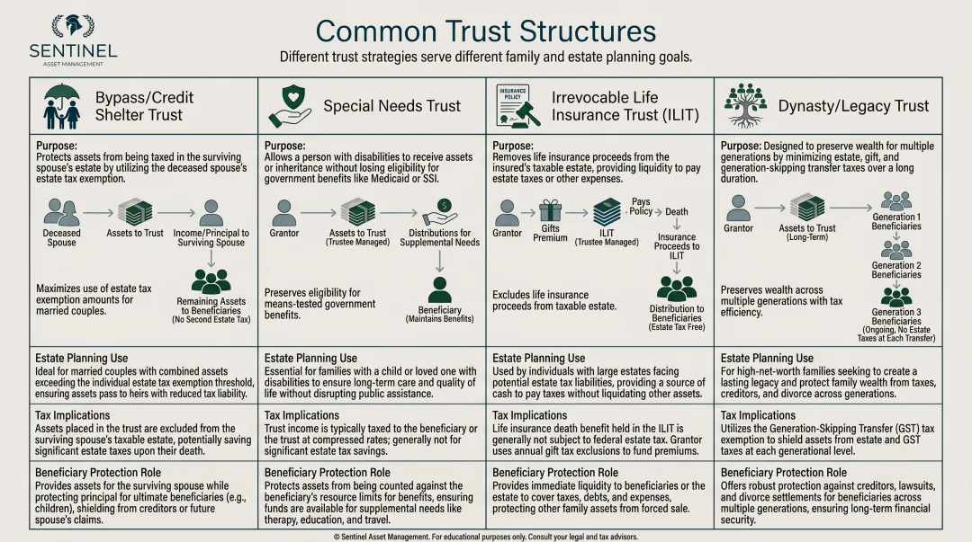 four common trust types purpose and key mechanics comparison table infographic
