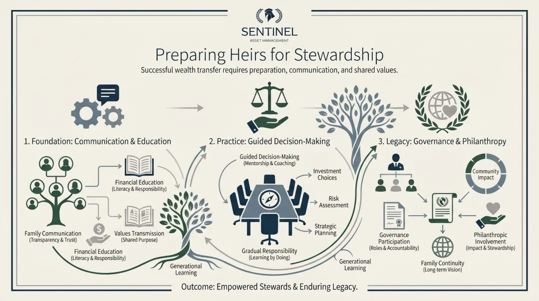 three-step heir financial stewardship preparation process with coaching and governance infographic