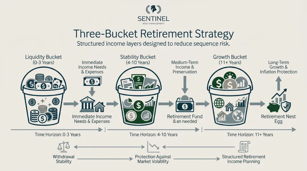 Three-bucket retirement withdrawal strategy short medium and long-term income layers
