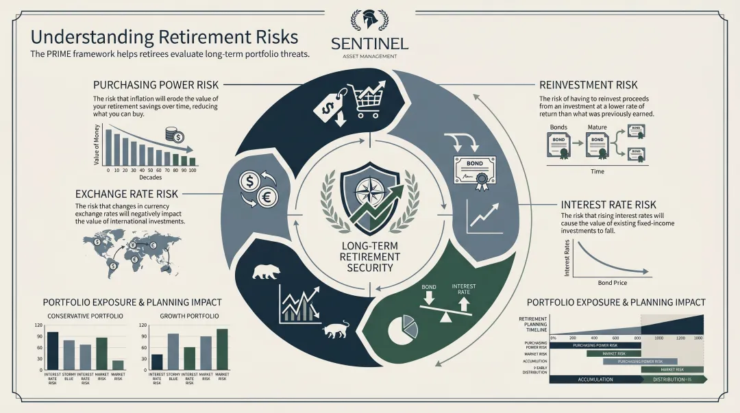 PRIME framework five retirement investment risks visual breakdown infographic
