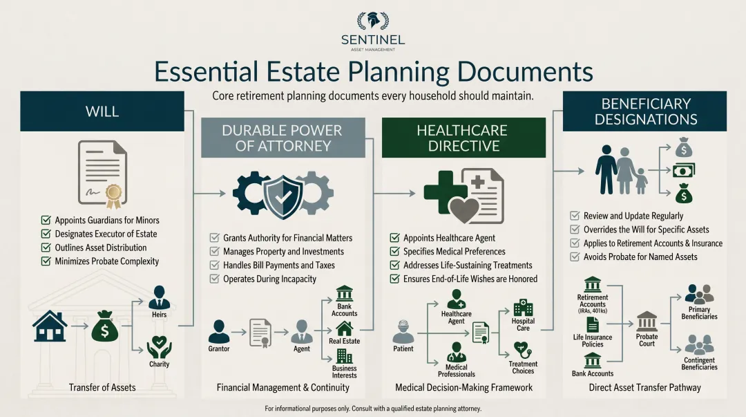 Four essential estate planning documents checklist for retirees infographic