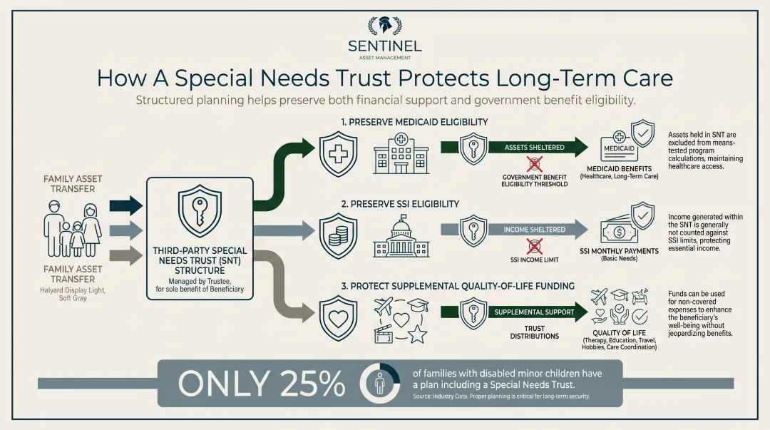 Third-party special needs trust three key protections benefit eligibility infographic