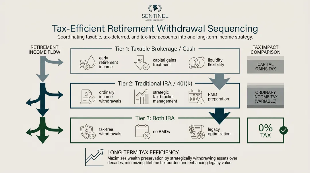 Tax-efficient retirement account withdrawal sequence three-tier strategy infographic