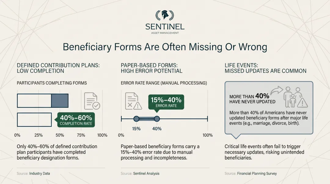 Beneficiary designation completion rate and error rate statistics infographic