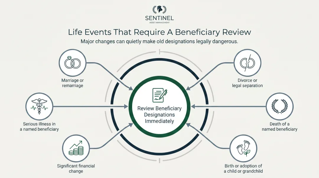 Six life event triggers requiring immediate beneficiary designation review infographic