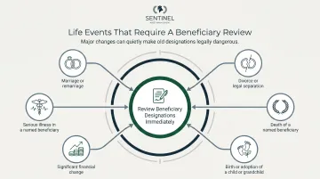 Six life event triggers requiring immediate beneficiary designation review infographic