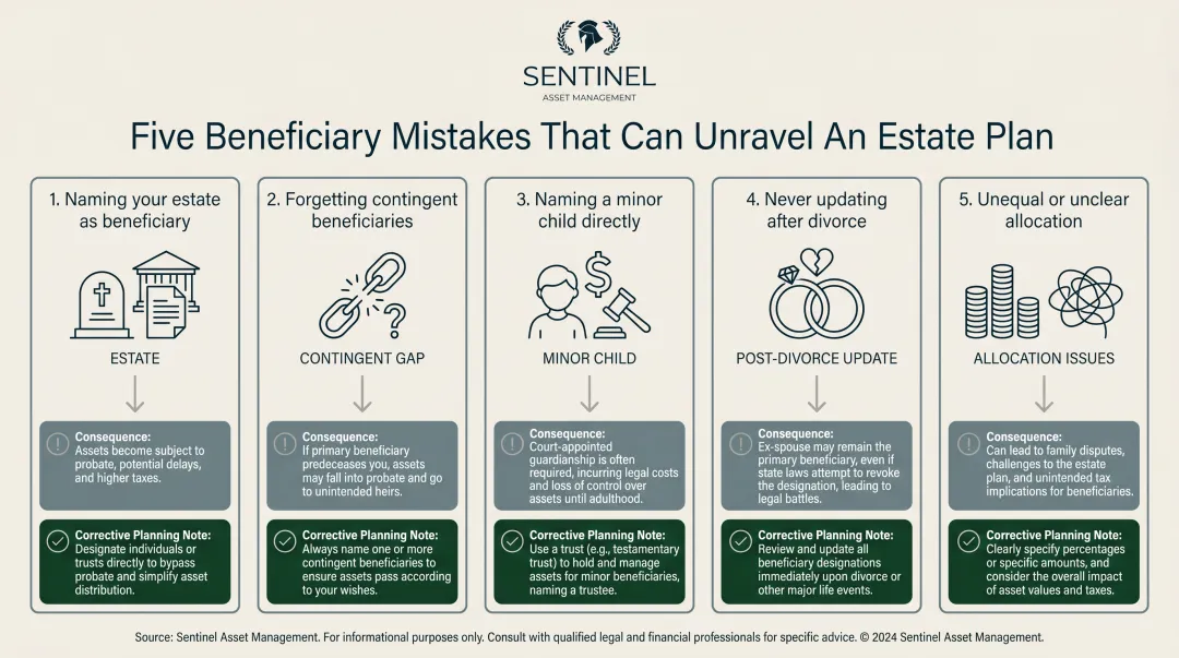 Five costly beneficiary designation mistakes and consequences comparison infographic