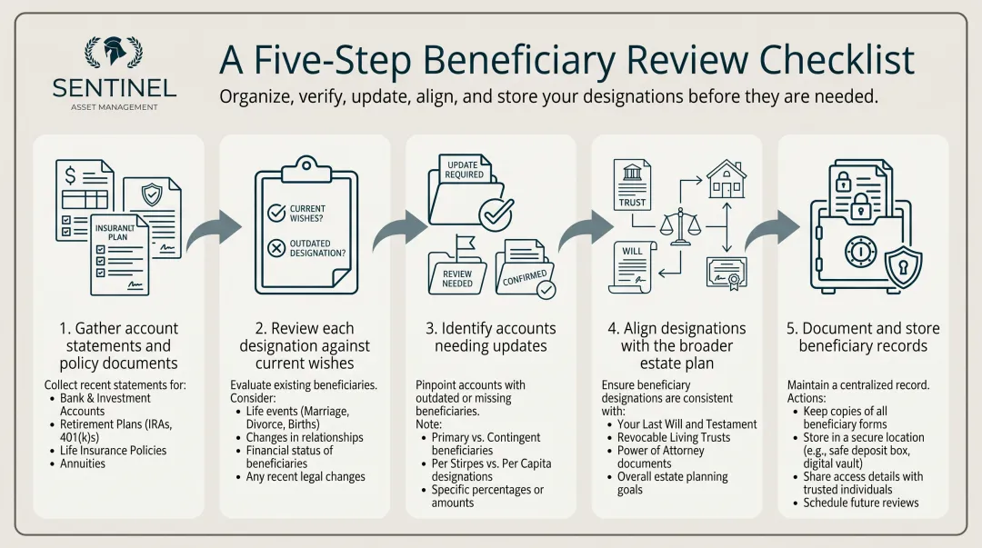 Five-step beneficiary review checklist process flow from gathering documents to storing records